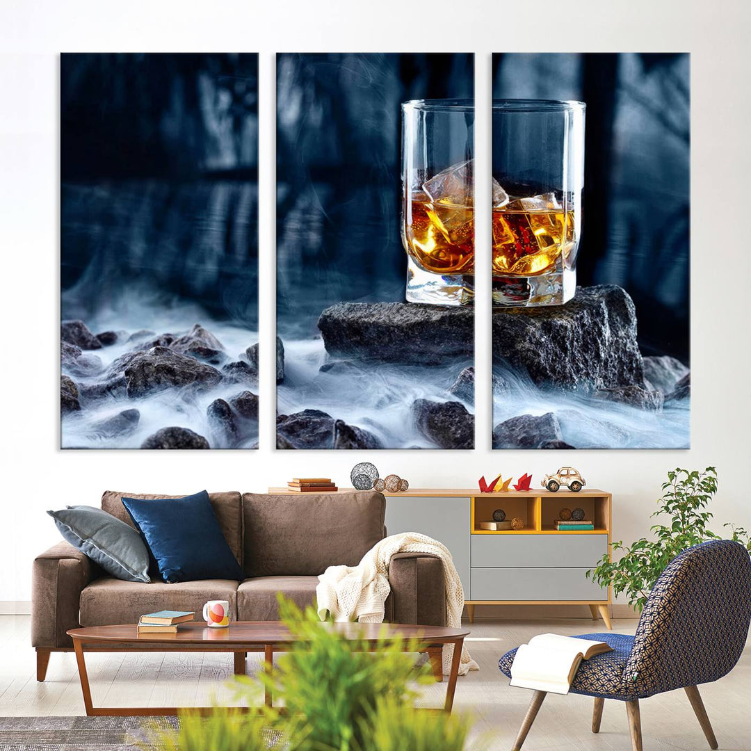 The Whiskey Ice Wall Art Canvas Print, a triptych featuring a glass of whiskey on the rocks, is crafted with a gallery-quality finish on premium canvas.