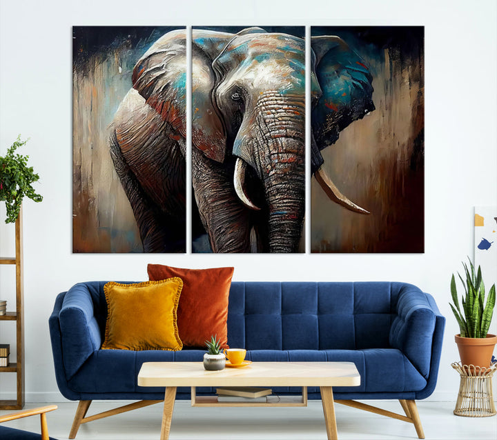 The Wild Elephant Wall Art Canvas Print serves as an eye-catching centerpiece in a modern living room, featuring a trio of panels. Crafted on premium canvas with a gallery-quality finish, this piece is designed to elevate your space.