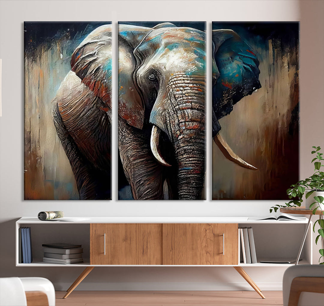 The Wild Elephant Wall Art Canvas Print serves as an eye-catching centerpiece in a modern living room, featuring a trio of panels. Crafted on premium canvas with a gallery-quality finish, this piece is designed to elevate your space.