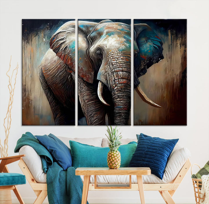 The Wild Elephant Wall Art Canvas Print serves as an eye-catching centerpiece in a modern living room, featuring a trio of panels. Crafted on premium canvas with a gallery-quality finish, this piece is designed to elevate your space.