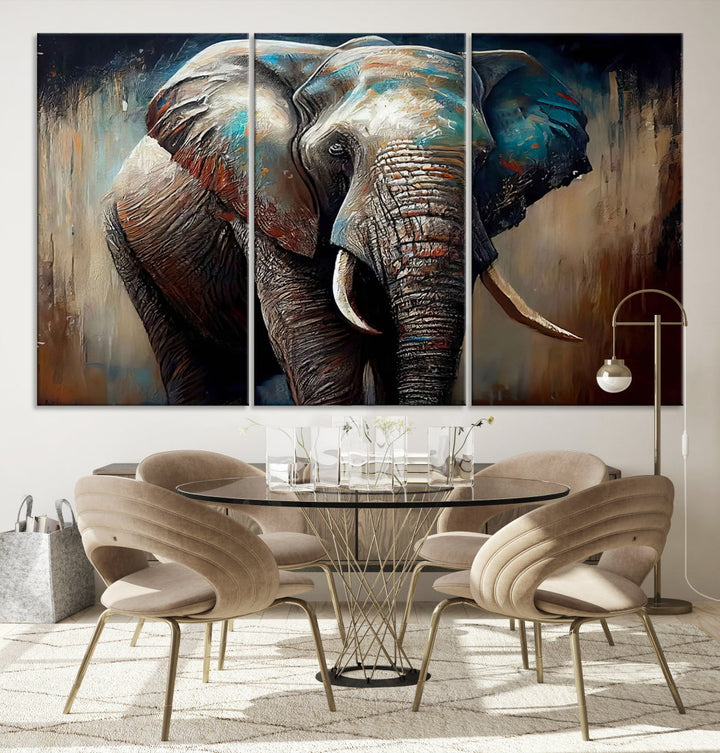 The Wild Elephant Wall Art Canvas Print serves as an eye-catching centerpiece in a modern living room, featuring a trio of panels. Crafted on premium canvas with a gallery-quality finish, this piece is designed to elevate your space.