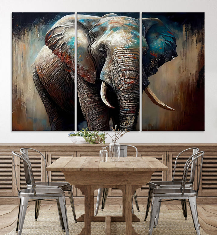 The Wild Elephant Wall Art Canvas Print serves as an eye-catching centerpiece in a modern living room, featuring a trio of panels. Crafted on premium canvas with a gallery-quality finish, this piece is designed to elevate your space.