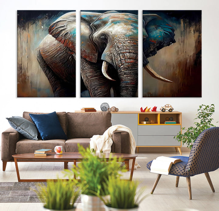 The Wild Elephant Wall Art Canvas Print serves as an eye-catching centerpiece in a modern living room, featuring a trio of panels. Crafted on premium canvas with a gallery-quality finish, this piece is designed to elevate your space.