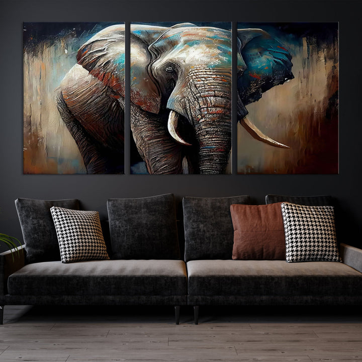 The Wild Elephant Wall Art Canvas Print serves as an eye-catching centerpiece in a modern living room, featuring a trio of panels. Crafted on premium canvas with a gallery-quality finish, this piece is designed to elevate your space.