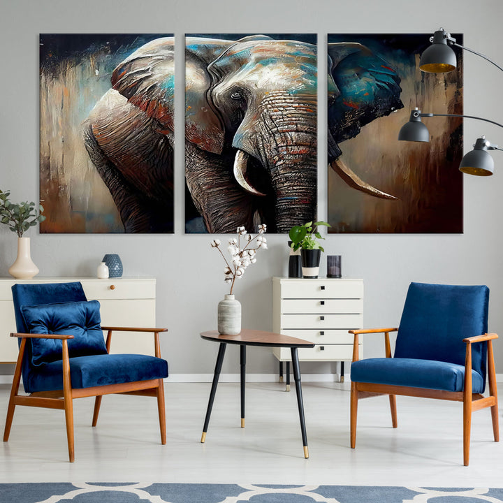 The Wild Elephant Wall Art Canvas Print serves as an eye-catching centerpiece in a modern living room, featuring a trio of panels. Crafted on premium canvas with a gallery-quality finish, this piece is designed to elevate your space.