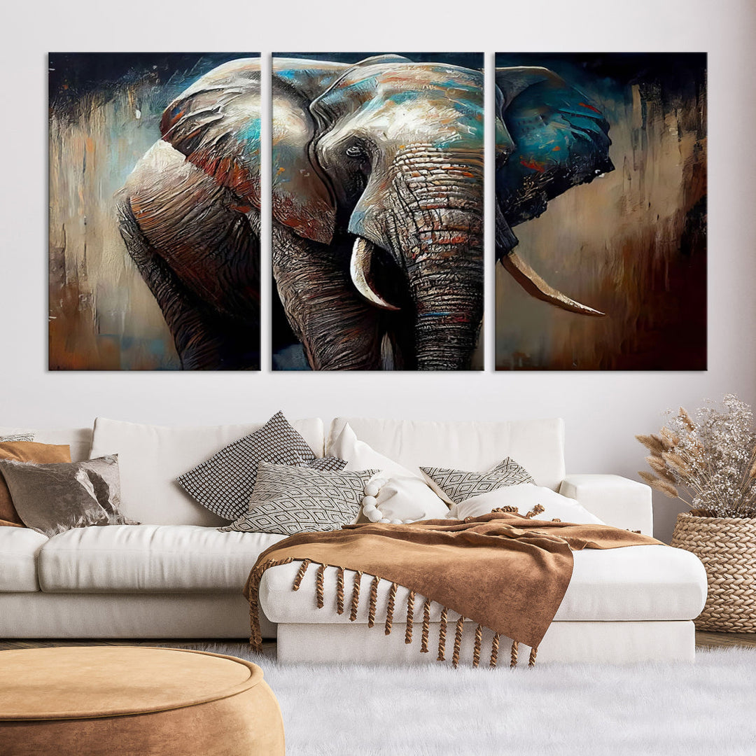 The Wild Elephant Wall Art Canvas Print serves as an eye-catching centerpiece in a modern living room, featuring a trio of panels. Crafted on premium canvas with a gallery-quality finish, this piece is designed to elevate your space.