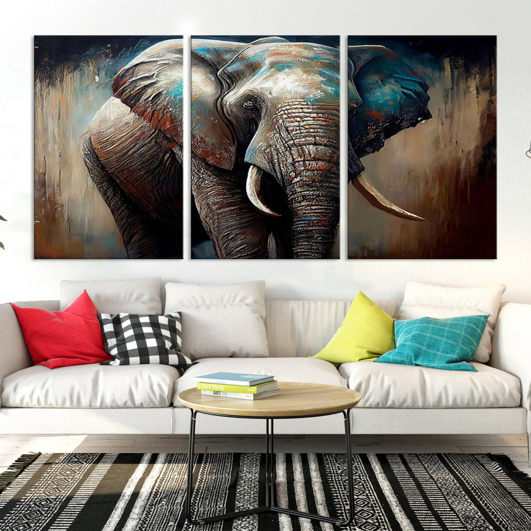 The Wild Elephant Wall Art Canvas Print serves as an eye-catching centerpiece in a modern living room, featuring a trio of panels. Crafted on premium canvas with a gallery-quality finish, this piece is designed to elevate your space.