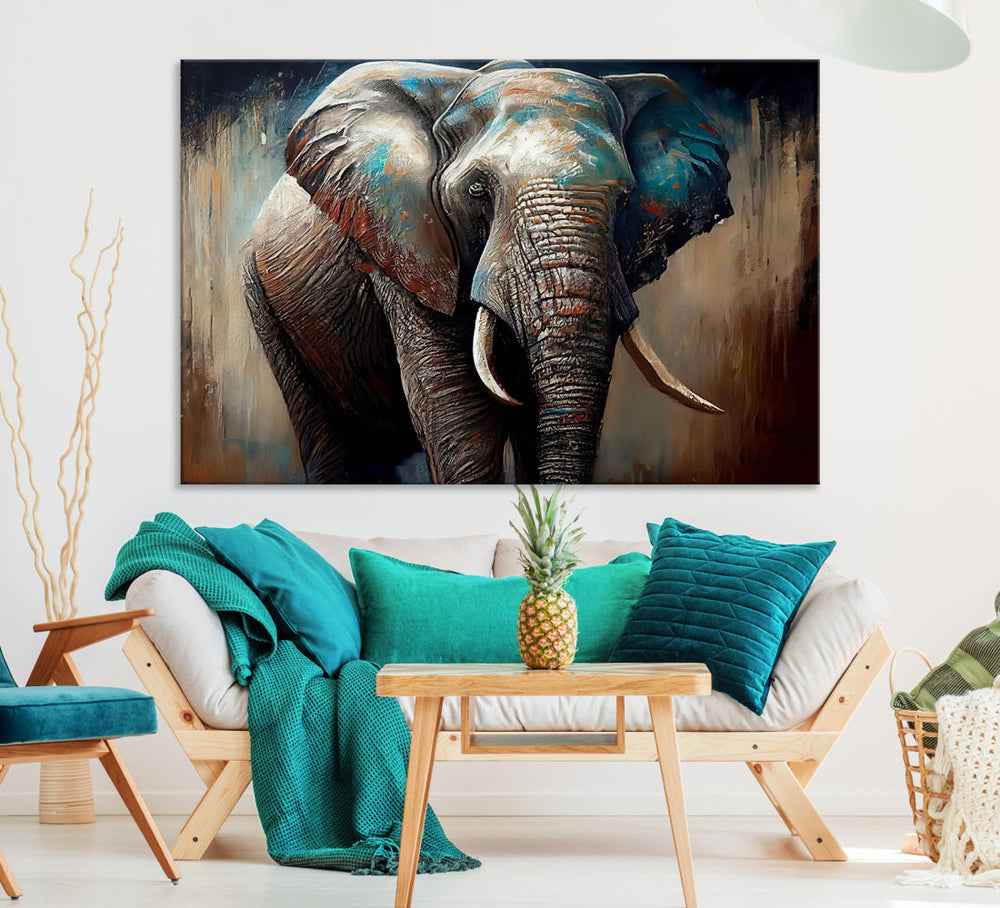 The Wild Elephant Wall Art Canvas Print serves as an eye-catching centerpiece in a modern living room, featuring a trio of panels. Crafted on premium canvas with a gallery-quality finish, this piece is designed to elevate your space.