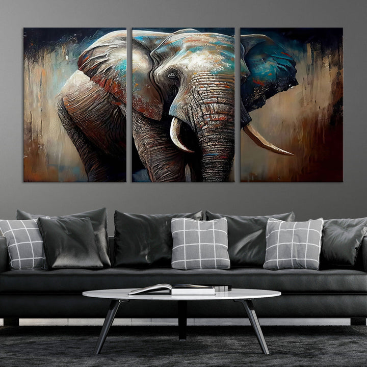 The Wild Elephant Wall Art Canvas Print serves as an eye-catching centerpiece in a modern living room, featuring a trio of panels. Crafted on premium canvas with a gallery-quality finish, this piece is designed to elevate your space.