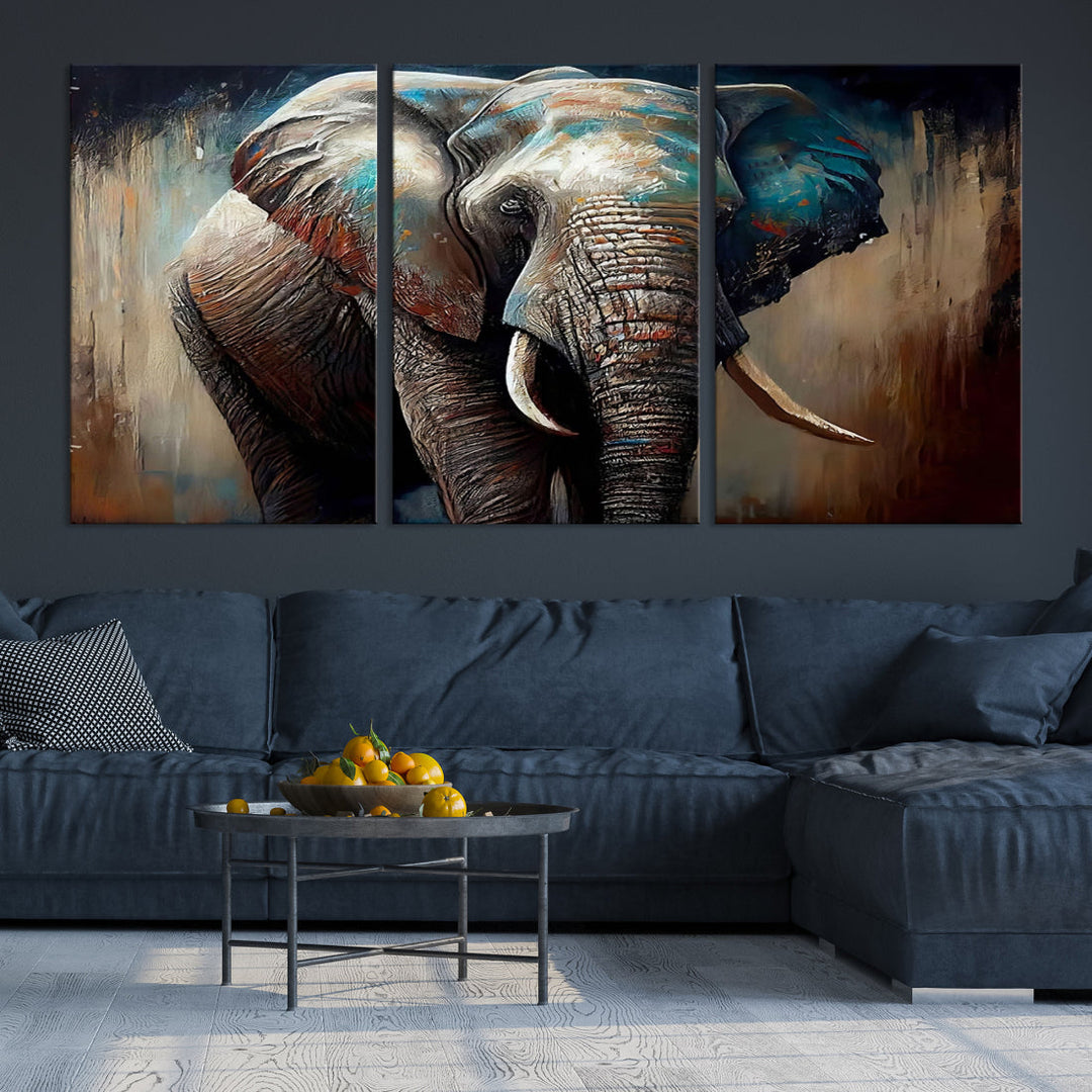 The Wild Elephant Wall Art Canvas Print serves as an eye-catching centerpiece in a modern living room, featuring a trio of panels. Crafted on premium canvas with a gallery-quality finish, this piece is designed to elevate your space.