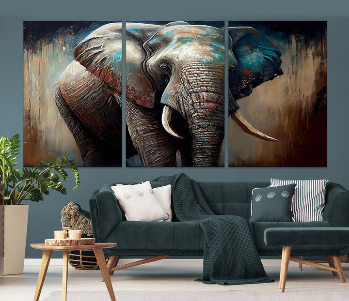 The Wild Elephant Wall Art Canvas Print serves as an eye-catching centerpiece in a modern living room, featuring a trio of panels. Crafted on premium canvas with a gallery-quality finish, this piece is designed to elevate your space.