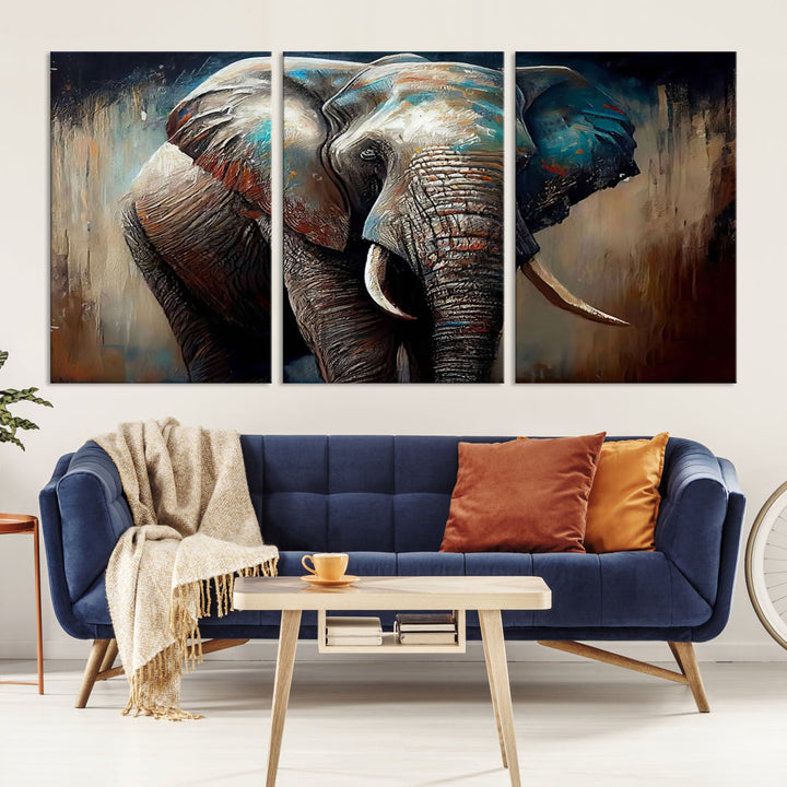 The Wild Elephant Wall Art Canvas Print serves as an eye-catching centerpiece in a modern living room, featuring a trio of panels. Crafted on premium canvas with a gallery-quality finish, this piece is designed to elevate your space.