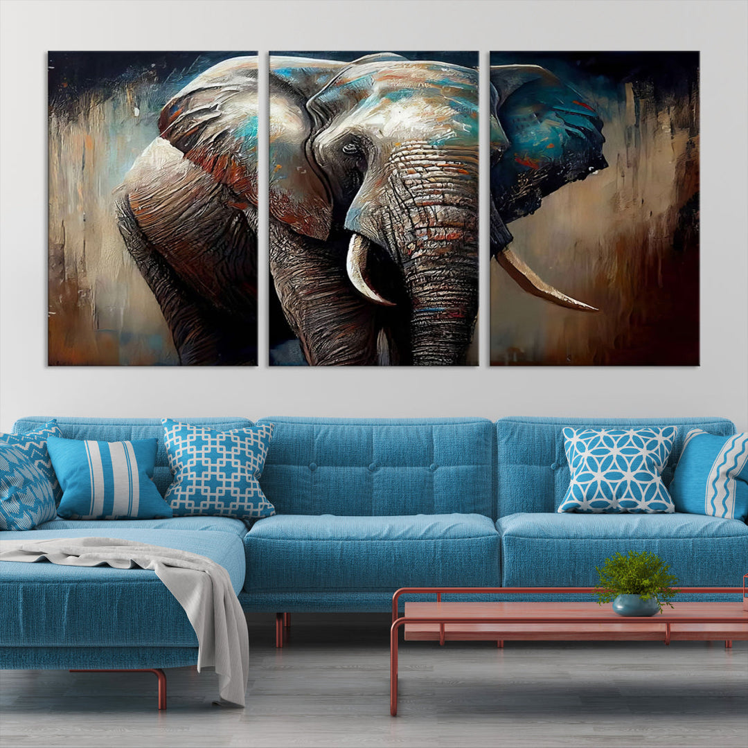 The Wild Elephant Wall Art Canvas Print serves as an eye-catching centerpiece in a modern living room, featuring a trio of panels. Crafted on premium canvas with a gallery-quality finish, this piece is designed to elevate your space.