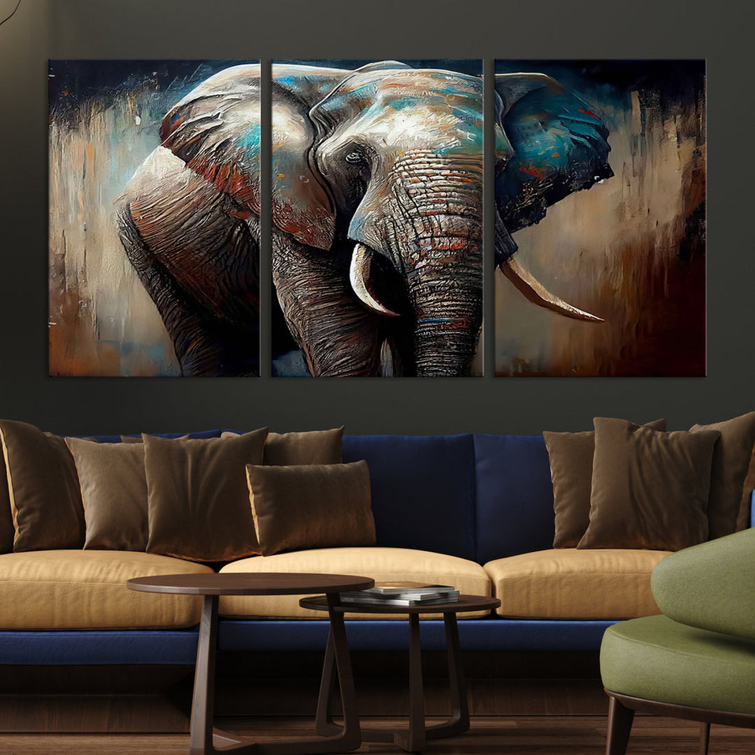 The Wild Elephant Wall Art Canvas Print serves as an eye-catching centerpiece in a modern living room, featuring a trio of panels. Crafted on premium canvas with a gallery-quality finish, this piece is designed to elevate your space.