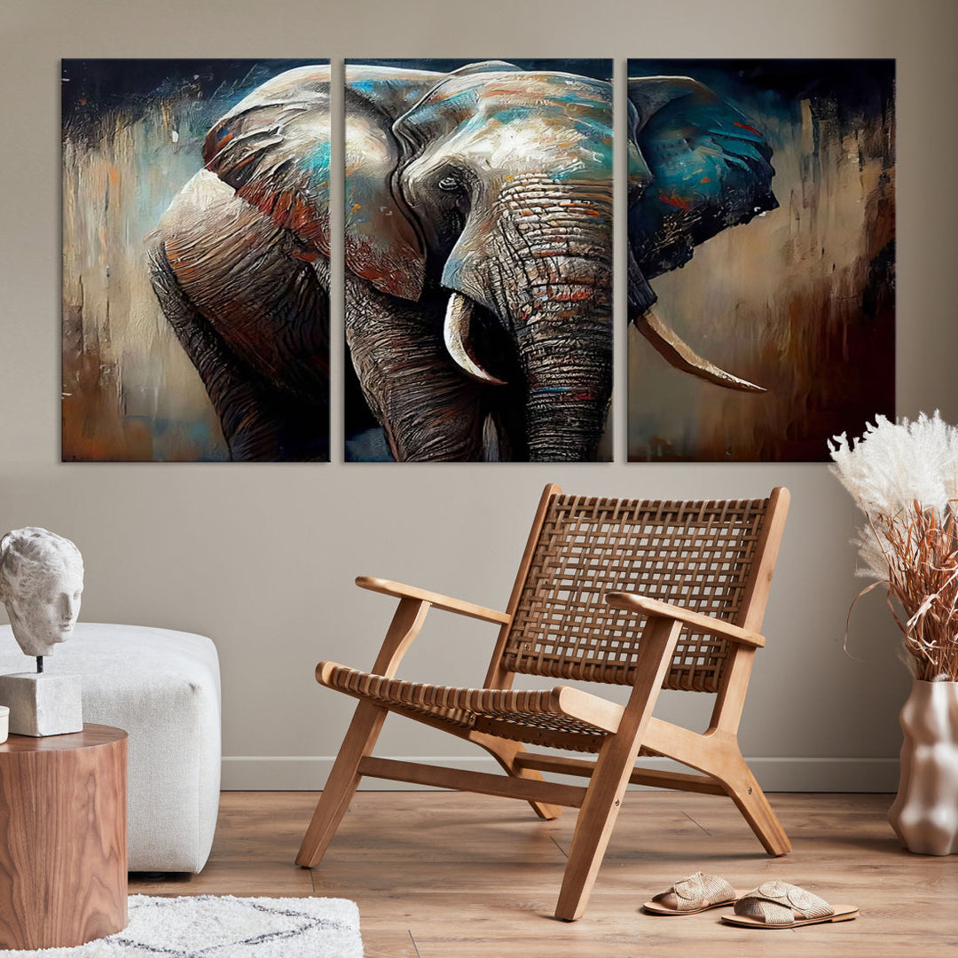 The Wild Elephant Wall Art Canvas Print serves as an eye-catching centerpiece in a modern living room, featuring a trio of panels. Crafted on premium canvas with a gallery-quality finish, this piece is designed to elevate your space.