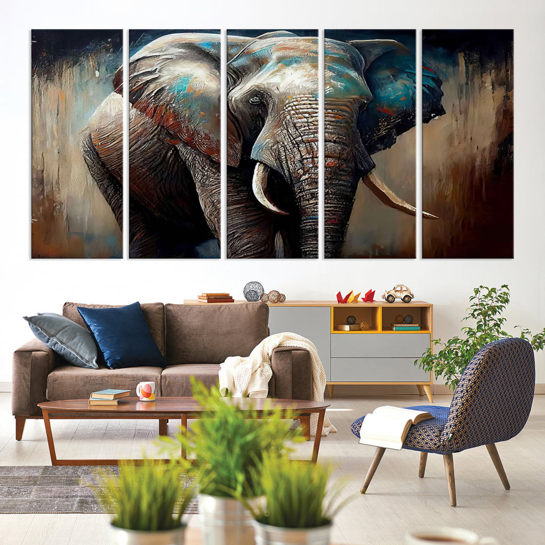 The Wild Elephant Wall Art Canvas Print serves as an eye-catching centerpiece in a modern living room, featuring a trio of panels. Crafted on premium canvas with a gallery-quality finish, this piece is designed to elevate your space.