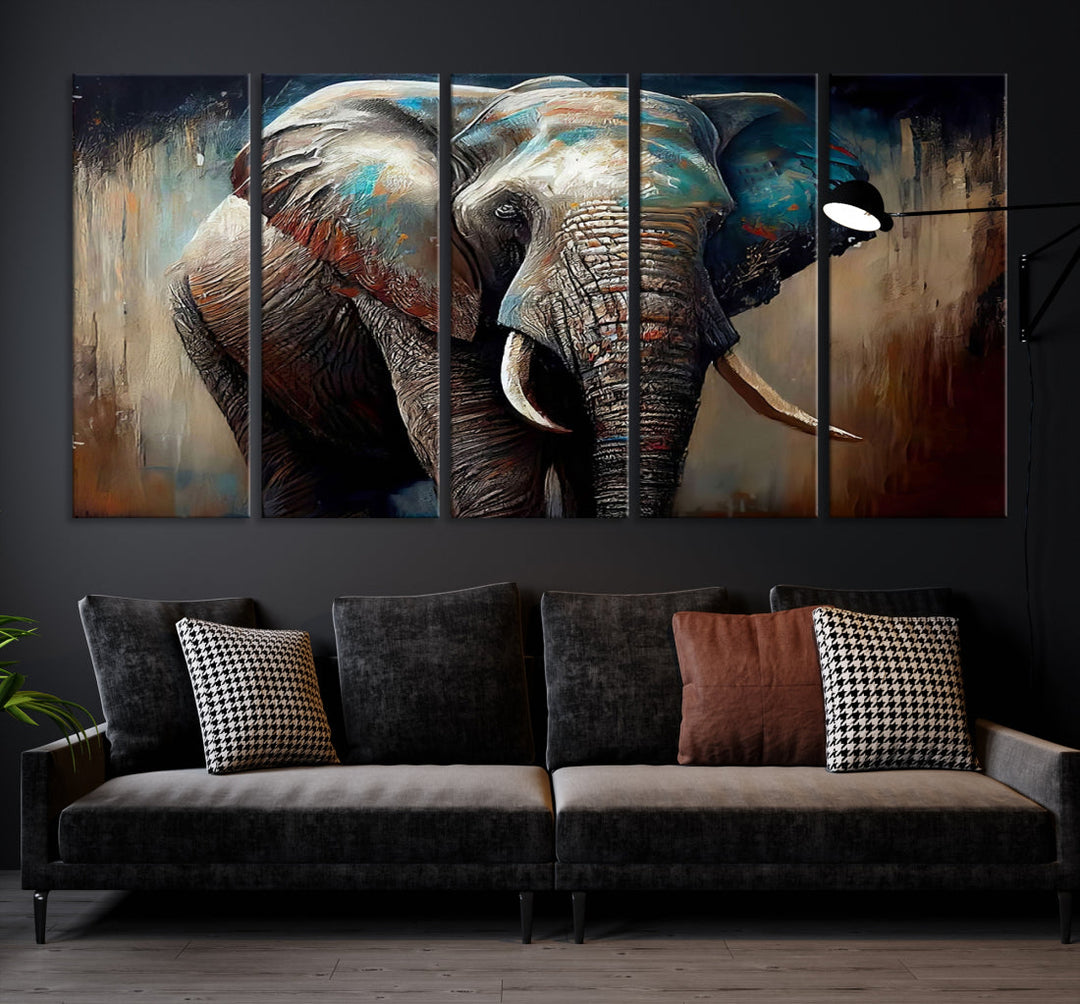 The Wild Elephant Wall Art Canvas Print serves as an eye-catching centerpiece in a modern living room, featuring a trio of panels. Crafted on premium canvas with a gallery-quality finish, this piece is designed to elevate your space.