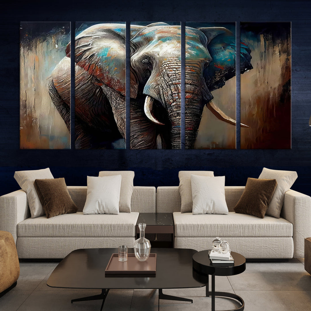 The Wild Elephant Wall Art Canvas Print serves as an eye-catching centerpiece in a modern living room, featuring a trio of panels. Crafted on premium canvas with a gallery-quality finish, this piece is designed to elevate your space.