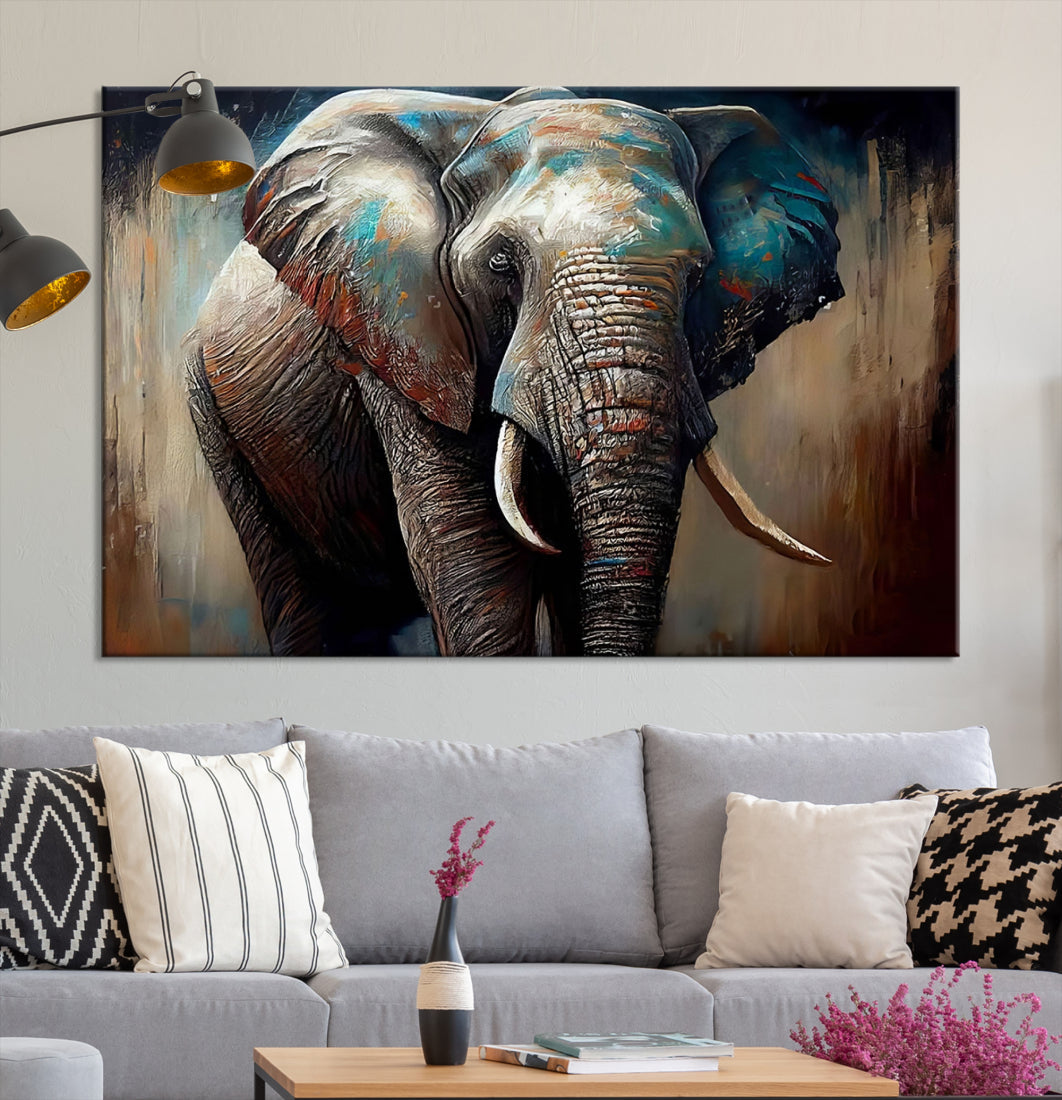 The Wild Elephant Wall Art Canvas Print serves as an eye-catching centerpiece in a modern living room, featuring a trio of panels. Crafted on premium canvas with a gallery-quality finish, this piece is designed to elevate your space.