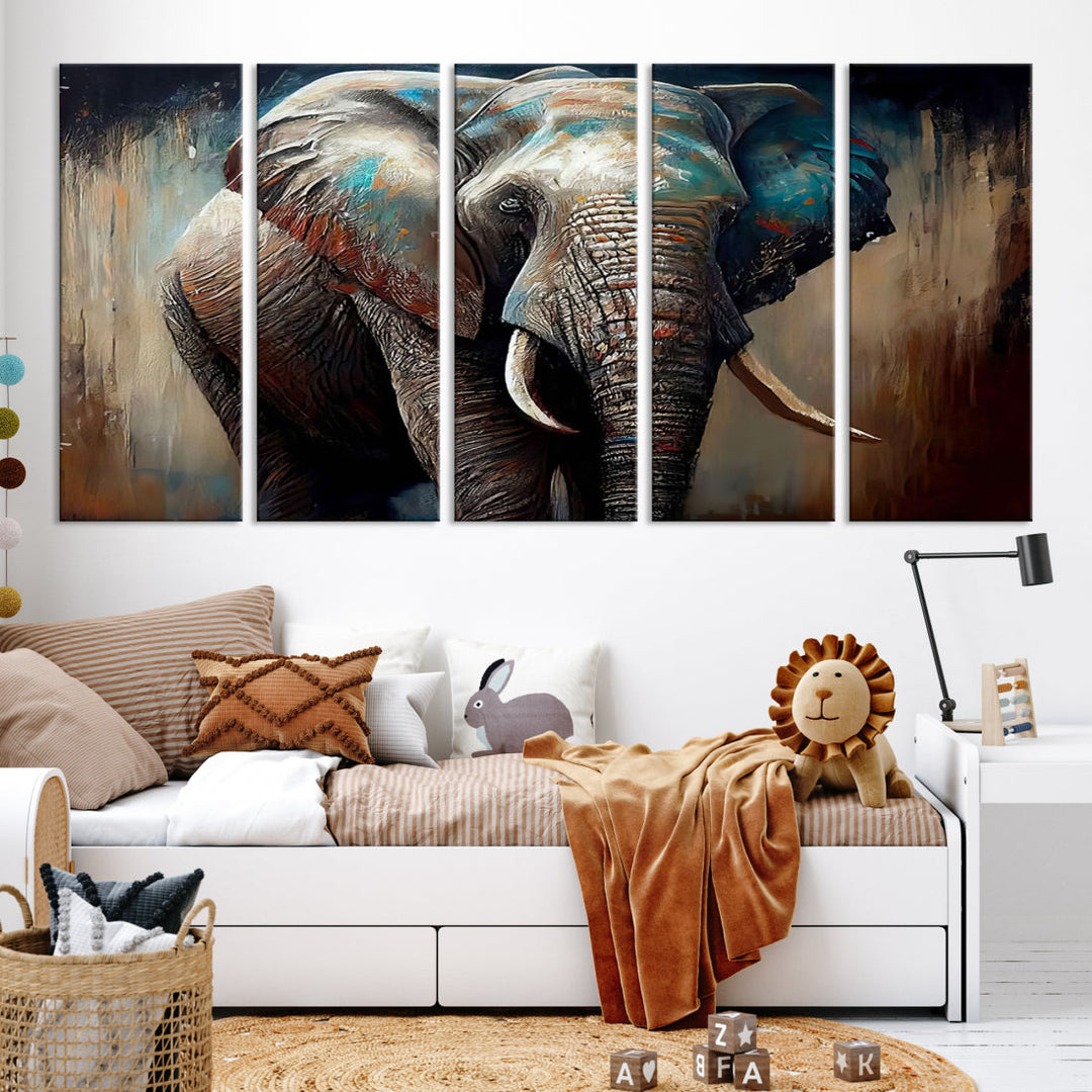 The Wild Elephant Wall Art Canvas Print serves as an eye-catching centerpiece in a modern living room, featuring a trio of panels. Crafted on premium canvas with a gallery-quality finish, this piece is designed to elevate your space.