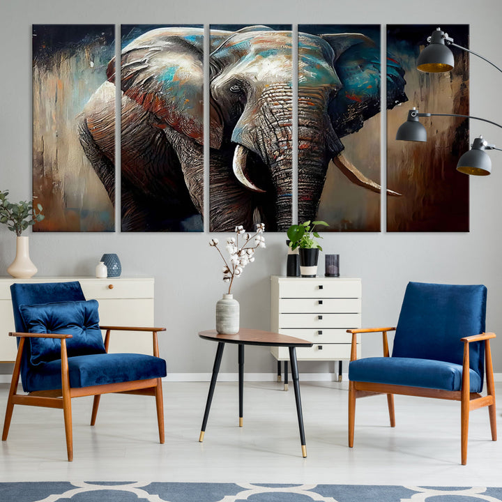 The Wild Elephant Wall Art Canvas Print serves as an eye-catching centerpiece in a modern living room, featuring a trio of panels. Crafted on premium canvas with a gallery-quality finish, this piece is designed to elevate your space.