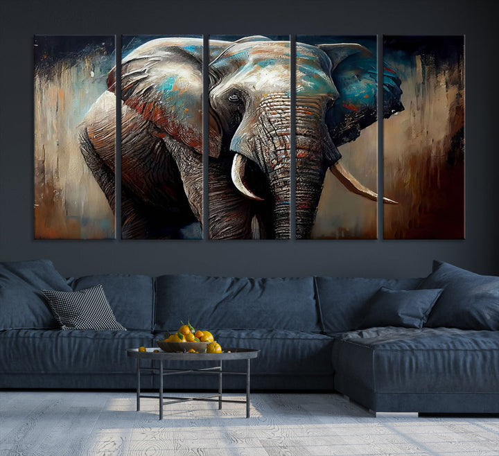 The Wild Elephant Wall Art Canvas Print serves as an eye-catching centerpiece in a modern living room, featuring a trio of panels. Crafted on premium canvas with a gallery-quality finish, this piece is designed to elevate your space.