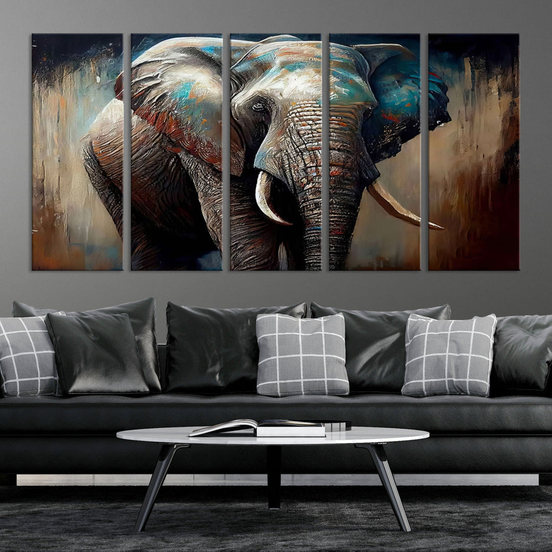 The Wild Elephant Wall Art Canvas Print serves as an eye-catching centerpiece in a modern living room, featuring a trio of panels. Crafted on premium canvas with a gallery-quality finish, this piece is designed to elevate your space.