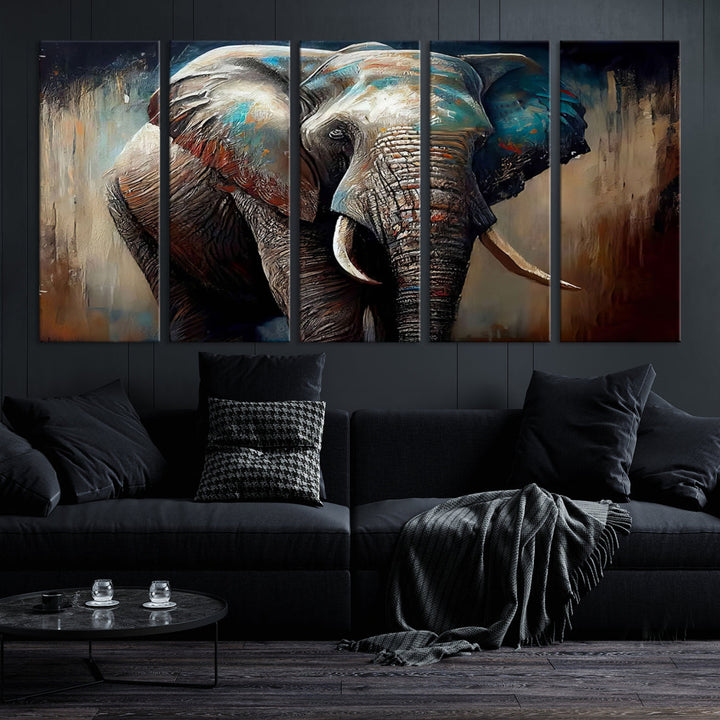 The Wild Elephant Wall Art Canvas Print serves as an eye-catching centerpiece in a modern living room, featuring a trio of panels. Crafted on premium canvas with a gallery-quality finish, this piece is designed to elevate your space.