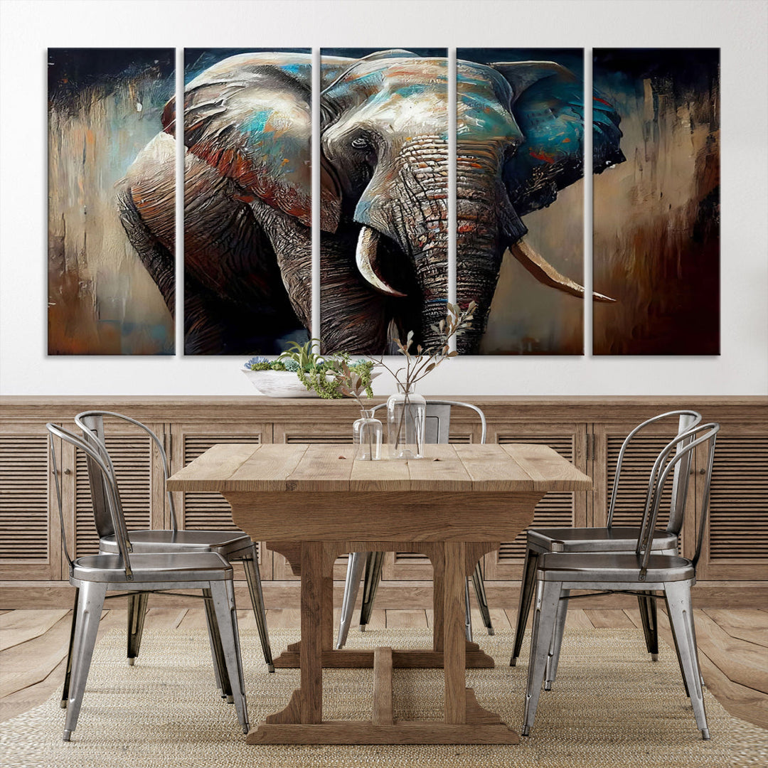 The Wild Elephant Wall Art Canvas Print serves as an eye-catching centerpiece in a modern living room, featuring a trio of panels. Crafted on premium canvas with a gallery-quality finish, this piece is designed to elevate your space.