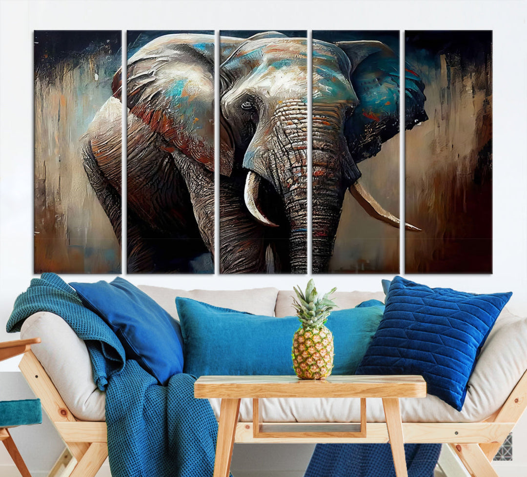 The Wild Elephant Wall Art Canvas Print serves as an eye-catching centerpiece in a modern living room, featuring a trio of panels. Crafted on premium canvas with a gallery-quality finish, this piece is designed to elevate your space.