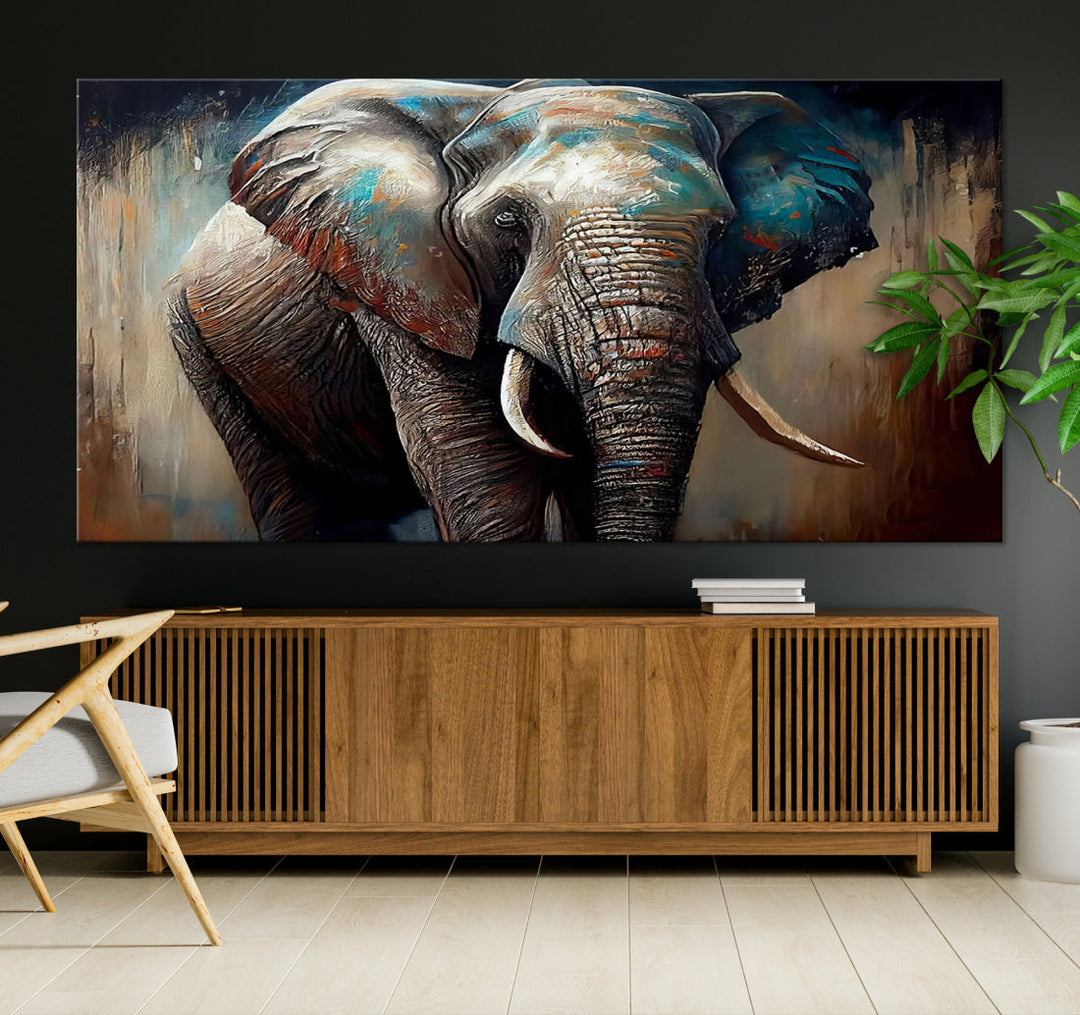 The Wild Elephant Wall Art Canvas Print serves as an eye-catching centerpiece in a modern living room, featuring a trio of panels. Crafted on premium canvas with a gallery-quality finish, this piece is designed to elevate your space.