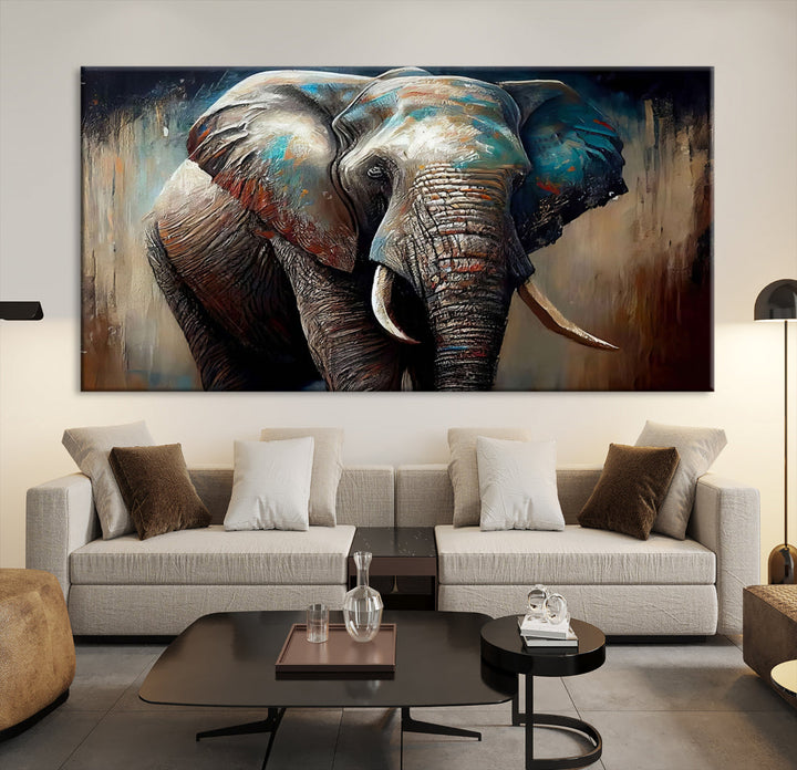 The Wild Elephant Wall Art Canvas Print serves as an eye-catching centerpiece in a modern living room, featuring a trio of panels. Crafted on premium canvas with a gallery-quality finish, this piece is designed to elevate your space.