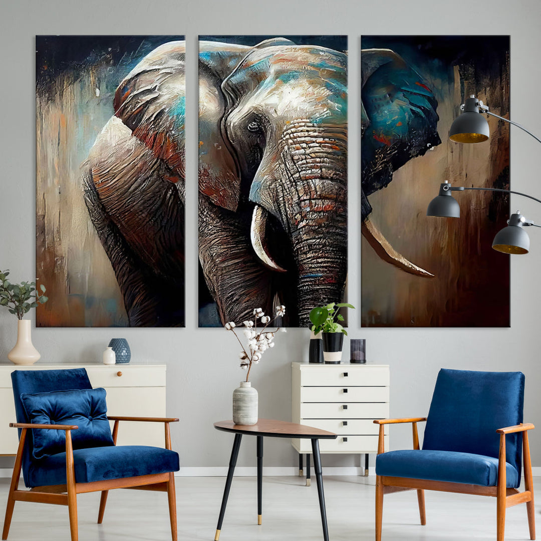 The Wild Elephant Wall Art Canvas Print serves as an eye-catching centerpiece in a modern living room, featuring a trio of panels. Crafted on premium canvas with a gallery-quality finish, this piece is designed to elevate your space.