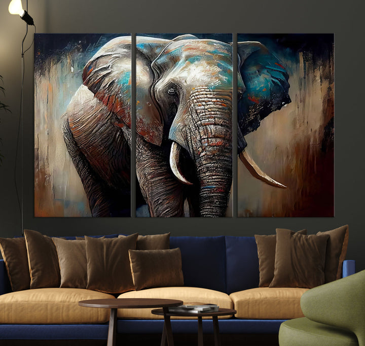 The Wild Elephant Wall Art Canvas Print serves as an eye-catching centerpiece in a modern living room, featuring a trio of panels. Crafted on premium canvas with a gallery-quality finish, this piece is designed to elevate your space.