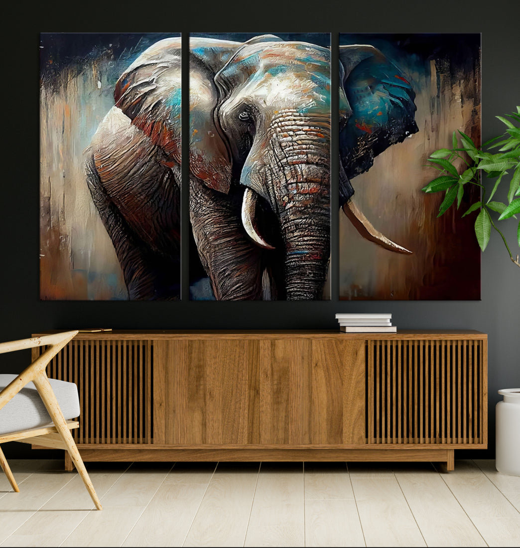 The Wild Elephant Wall Art Canvas Print serves as an eye-catching centerpiece in a modern living room, featuring a trio of panels. Crafted on premium canvas with a gallery-quality finish, this piece is designed to elevate your space.