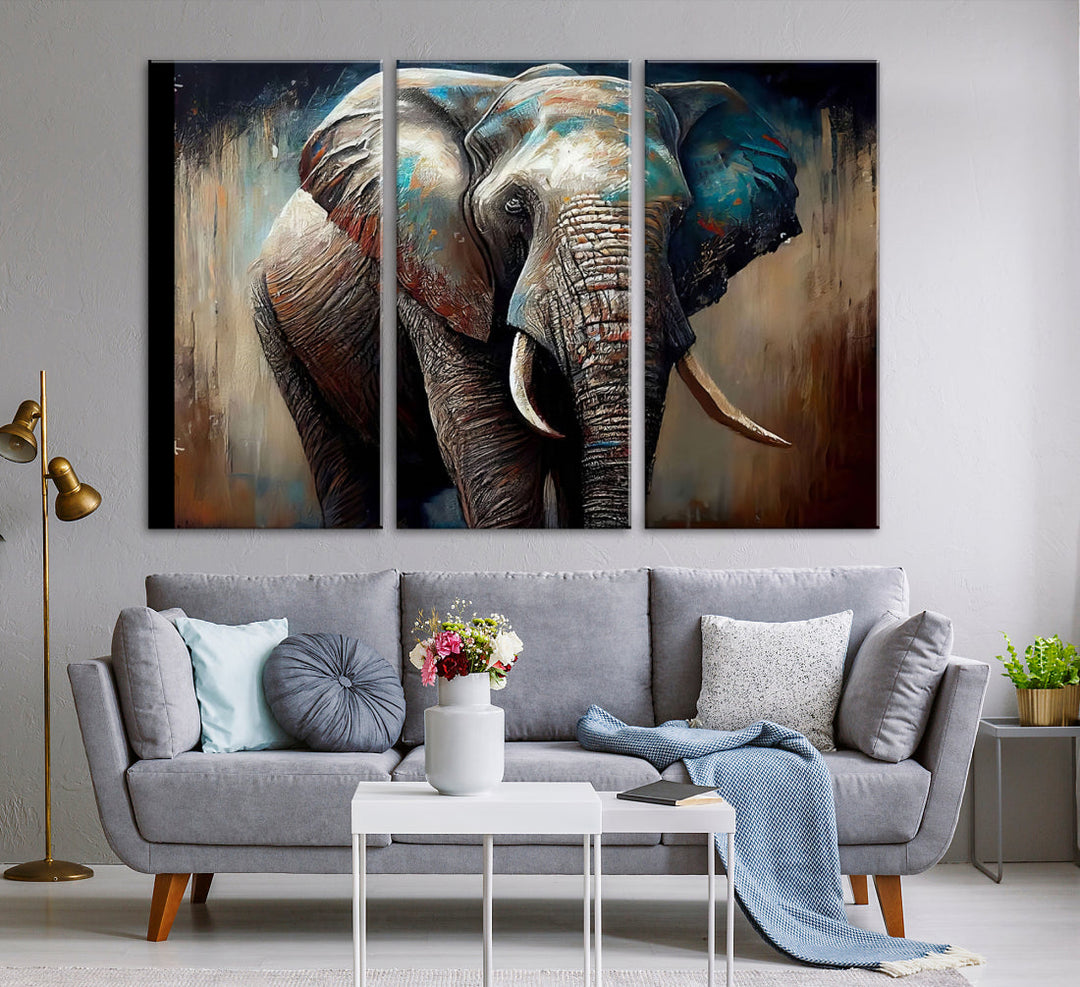 The Wild Elephant Wall Art Canvas Print serves as an eye-catching centerpiece in a modern living room, featuring a trio of panels. Crafted on premium canvas with a gallery-quality finish, this piece is designed to elevate your space.