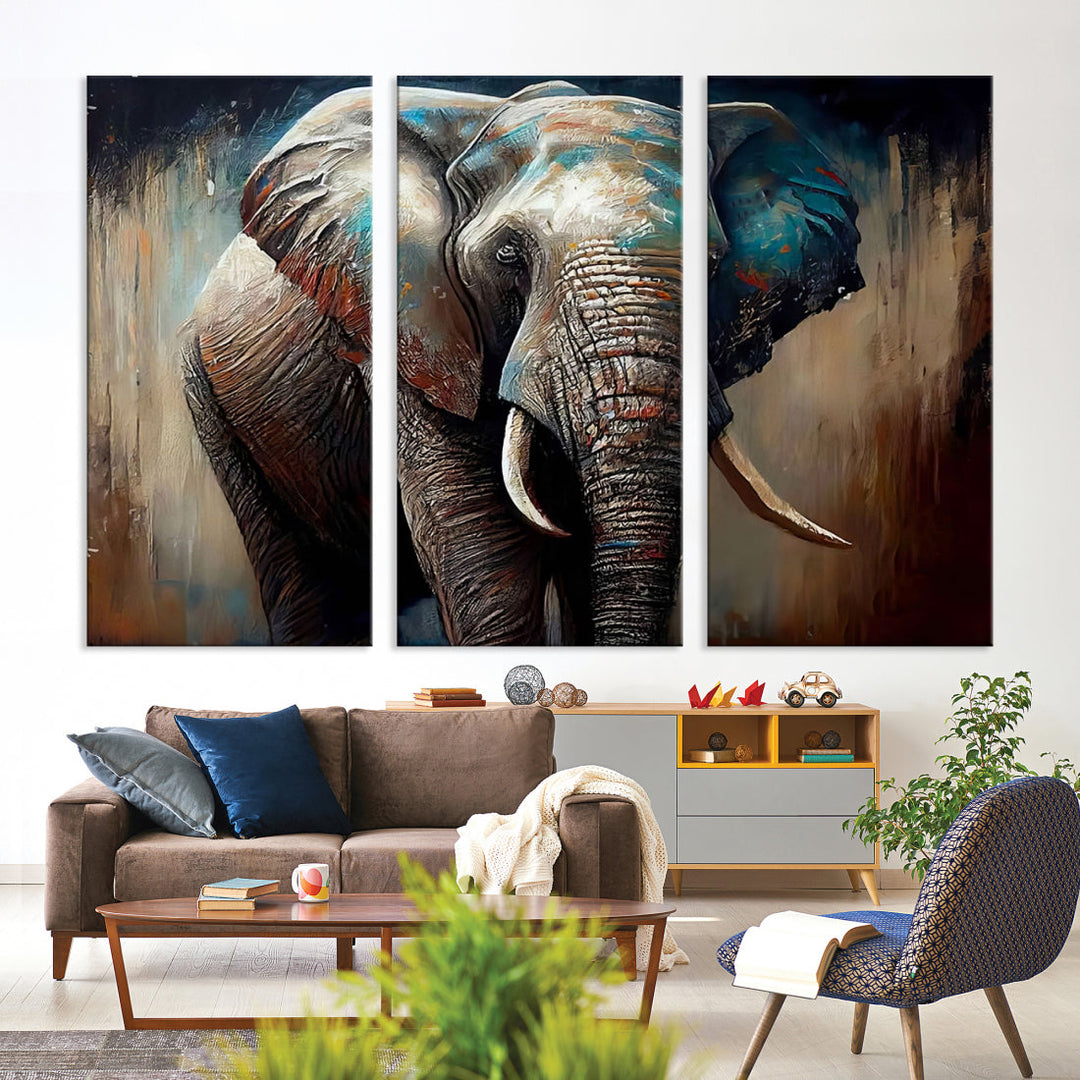 The Wild Elephant Wall Art Canvas Print serves as an eye-catching centerpiece in a modern living room, featuring a trio of panels. Crafted on premium canvas with a gallery-quality finish, this piece is designed to elevate your space.