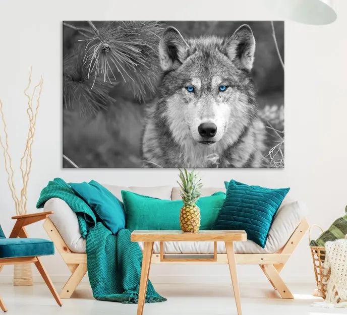 Displayed on the wall is the Wild Wolf Blue Eye Wall Art Canvas Print, a museum-quality triptych featuring a wolf with piercing blue eyes.