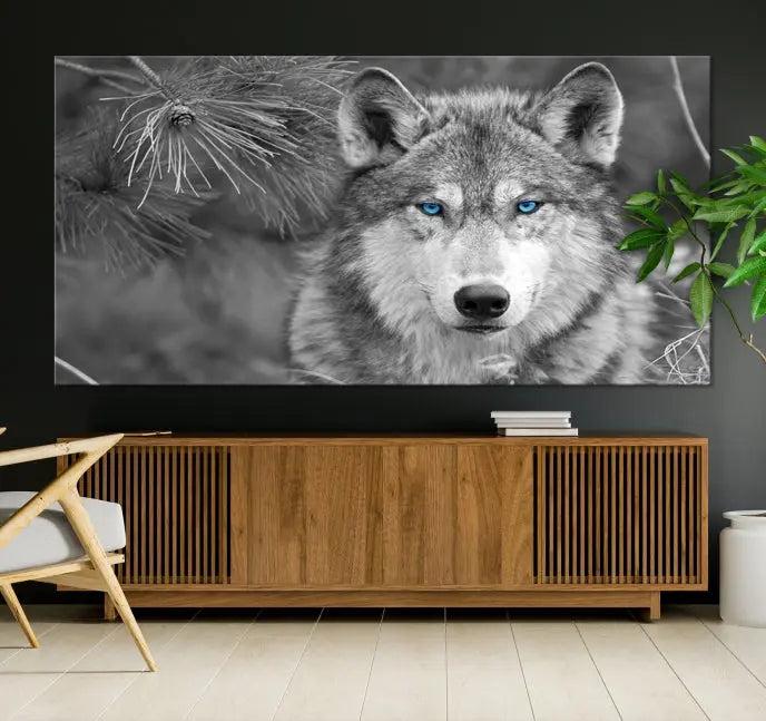 Displayed on the wall is the Wild Wolf Blue Eye Wall Art Canvas Print, a museum-quality triptych featuring a wolf with piercing blue eyes.