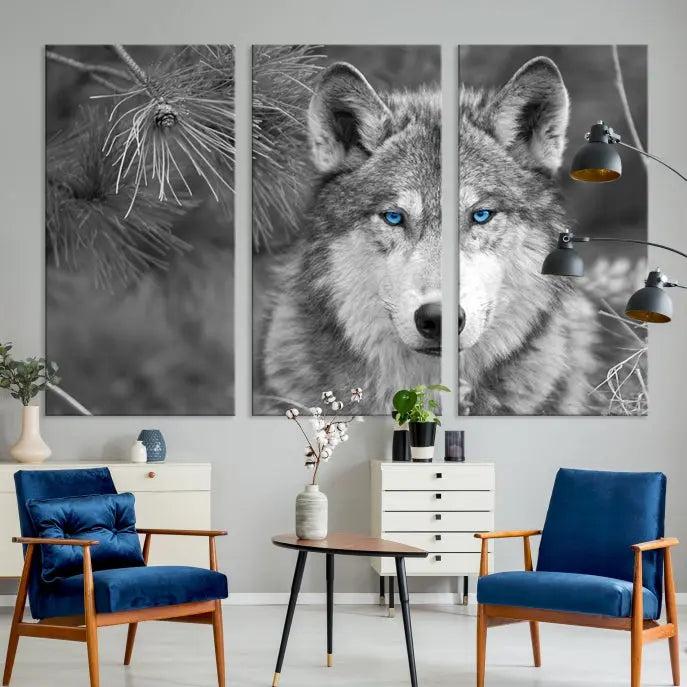 Displayed on the wall is the Wild Wolf Blue Eye Wall Art Canvas Print, a museum-quality triptych featuring a wolf with piercing blue eyes.