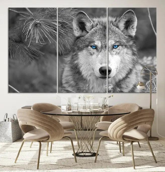 Displayed on the wall is the Wild Wolf Blue Eye Wall Art Canvas Print, a museum-quality triptych featuring a wolf with piercing blue eyes.