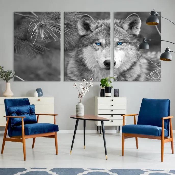 Displayed on the wall is the Wild Wolf Blue Eye Wall Art Canvas Print, a museum-quality triptych featuring a wolf with piercing blue eyes.