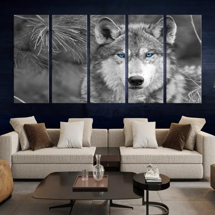 Displayed on the wall is the Wild Wolf Blue Eye Wall Art Canvas Print, a museum-quality triptych featuring a wolf with piercing blue eyes.