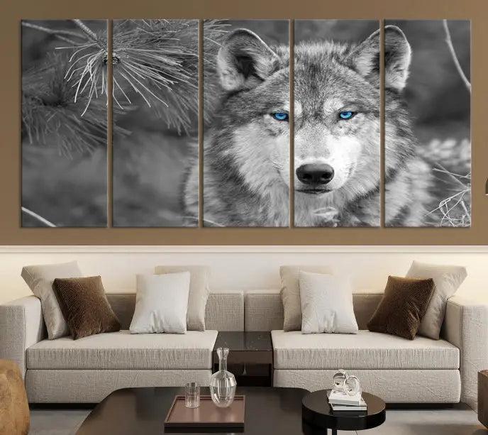 Displayed on the wall is the Wild Wolf Blue Eye Wall Art Canvas Print, a museum-quality triptych featuring a wolf with piercing blue eyes.