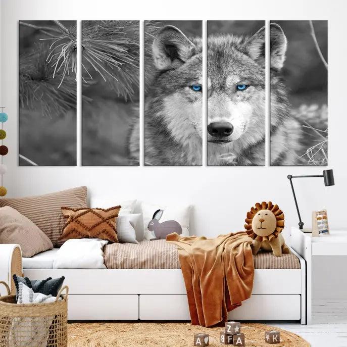 Displayed on the wall is the Wild Wolf Blue Eye Wall Art Canvas Print, a museum-quality triptych featuring a wolf with piercing blue eyes.