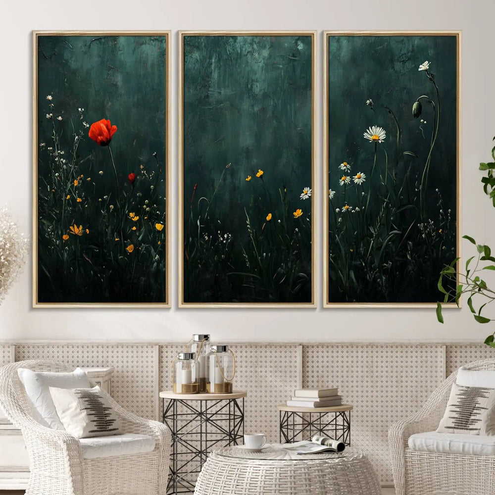 The Wildflower Field Framed Wall Art, a vintage botanical landscape canvas print, serves as a striking focal point against a dark green backdrop in the modern living room.