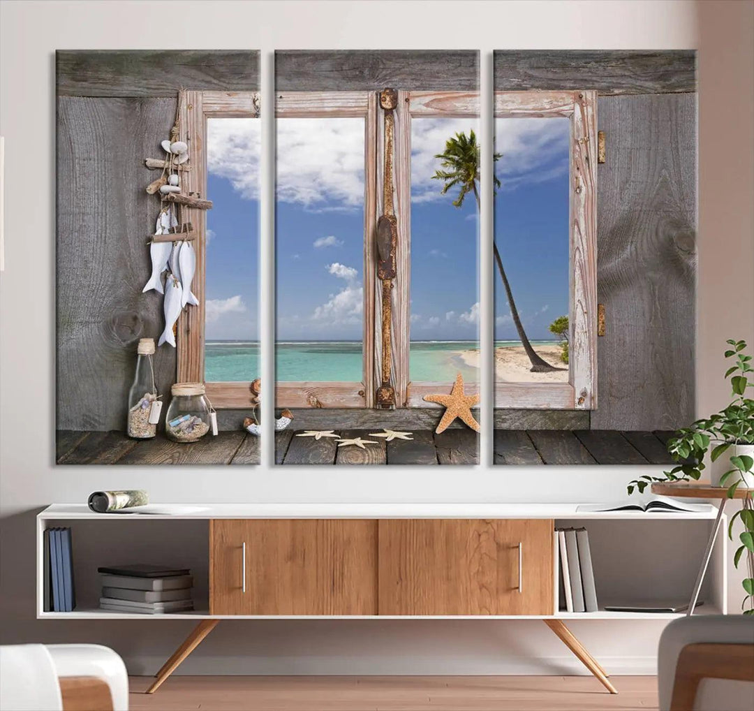 The "Window Wall Art Relaxing Beach Starfish Seashells Nautical Art Ocean Artwork," crafted on museum-quality canvas, infuses your living space with serene coastal charm and is ready to hang.