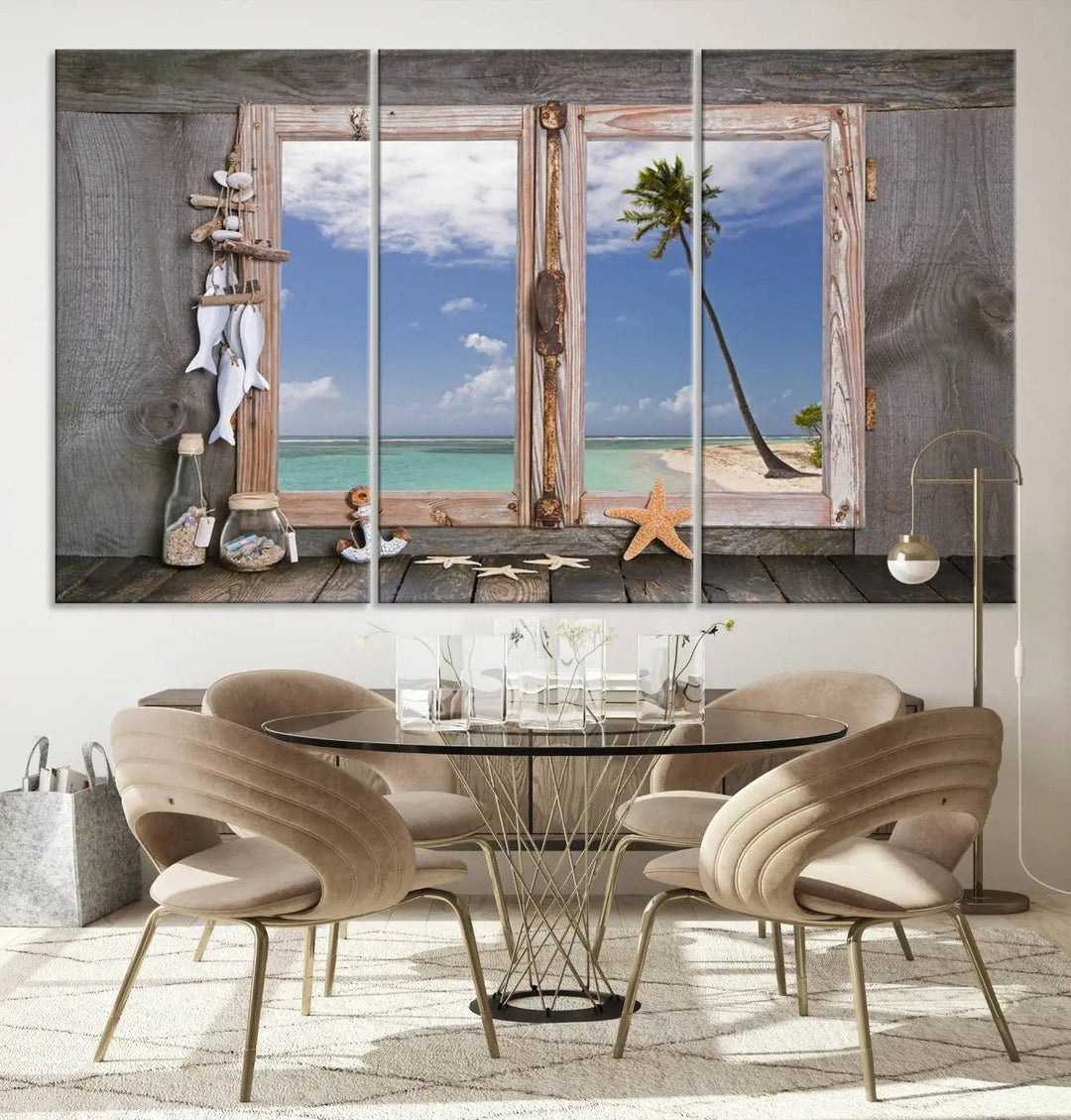 The "Window Wall Art Relaxing Beach Starfish Seashells Nautical Art Ocean Artwork," crafted on museum-quality canvas, infuses your living space with serene coastal charm and is ready to hang.