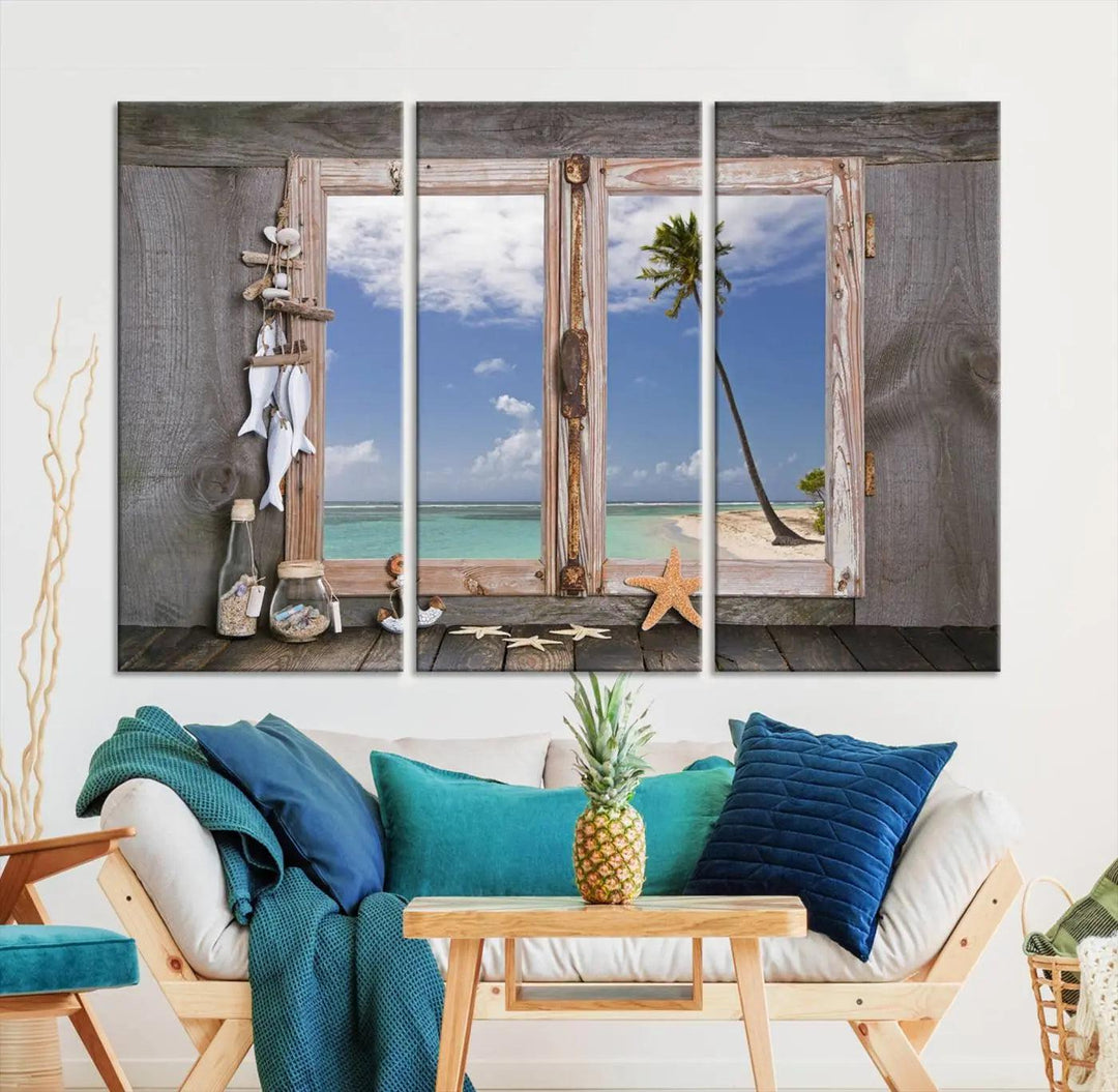 The "Window Wall Art Relaxing Beach Starfish Seashells Nautical Art Ocean Artwork," crafted on museum-quality canvas, infuses your living space with serene coastal charm and is ready to hang.