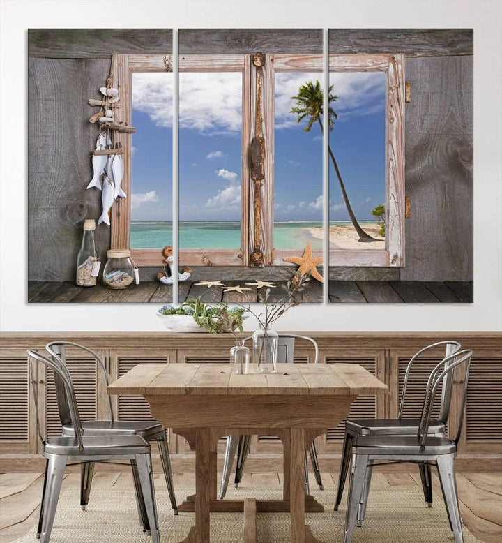 The "Window Wall Art Relaxing Beach Starfish Seashells Nautical Art Ocean Artwork," crafted on museum-quality canvas, infuses your living space with serene coastal charm and is ready to hang.